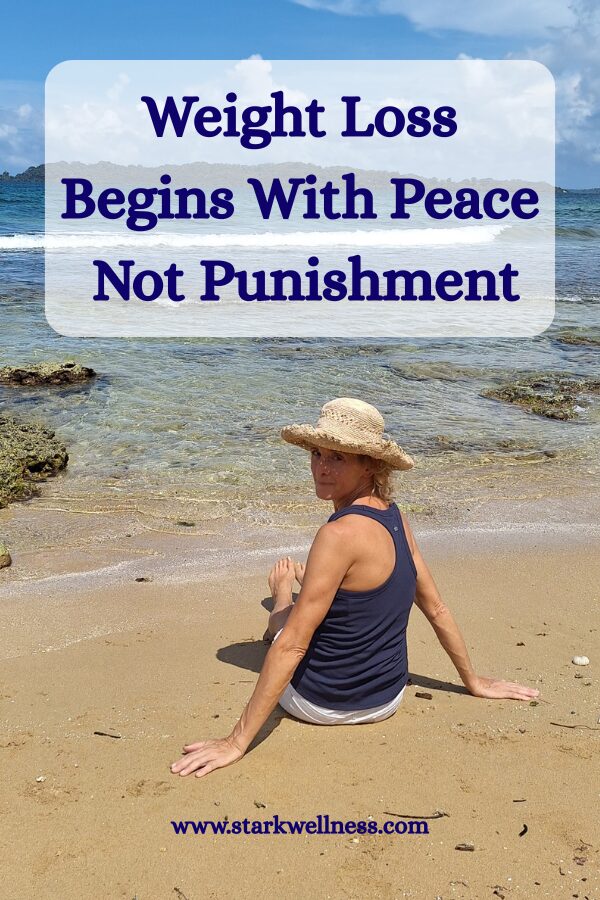 Weight loss begins with peace not punishment. Jen Stark sitting peacefully on the beach. --www.starkwellness.com