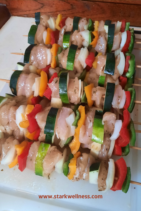 Healthy chicken and veggie kabobs to show eating healthy can be fun with creativity