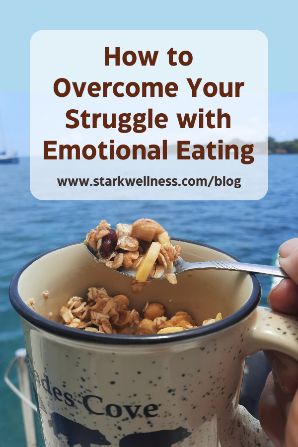 Blog post title: How to end your struggle with emotional eating, plus photo of healthy granola and nutmeal with bananas and the beautiful background of the bay