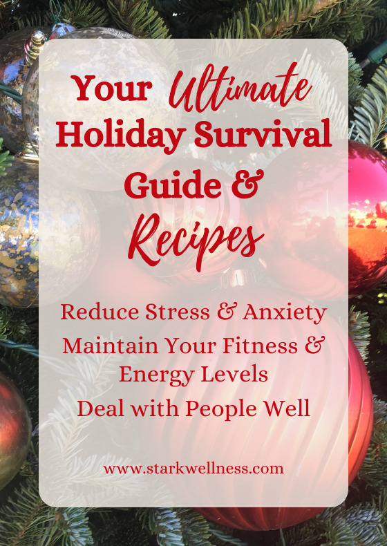 Your Ultimate Holiday Survival Guide & Recipes, text overlay with bright red and silver ornaments on natural outdoor Christmas tree -www.starkwellness.com