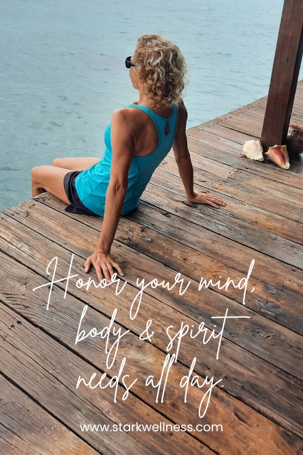 Honor your mind, body & spirit needs all day -- your life coach, Jennifer Stark, sitting on the dock staring out to sea -- www.starkwellness.com
