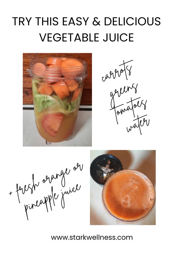 easy and delicious juiced carrots, greens, tomatoes, water and fresh orange or pineapple juice