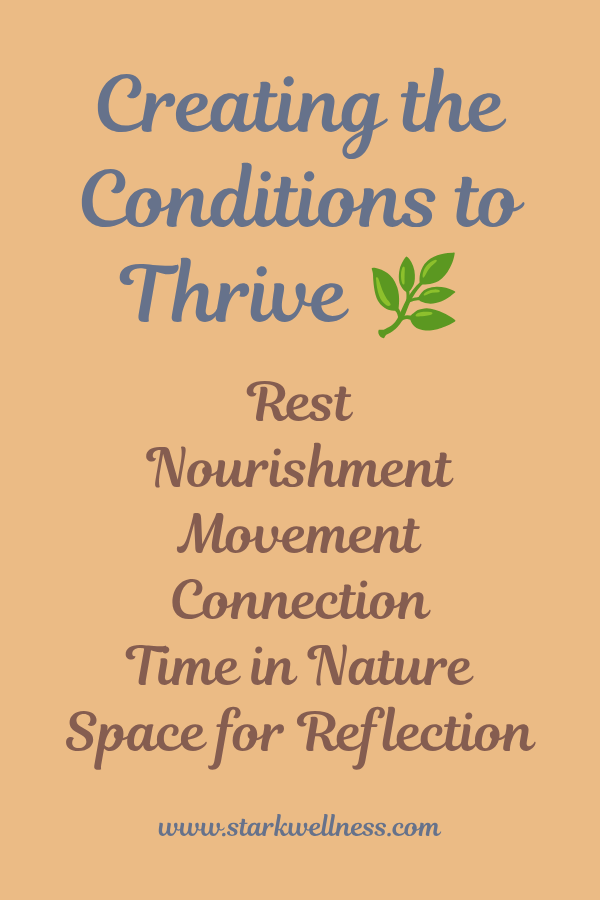Creating the conditions to thrive list - rest, nourishment, movement, connection, time in nature, space for reflection - www.starkwellness.com